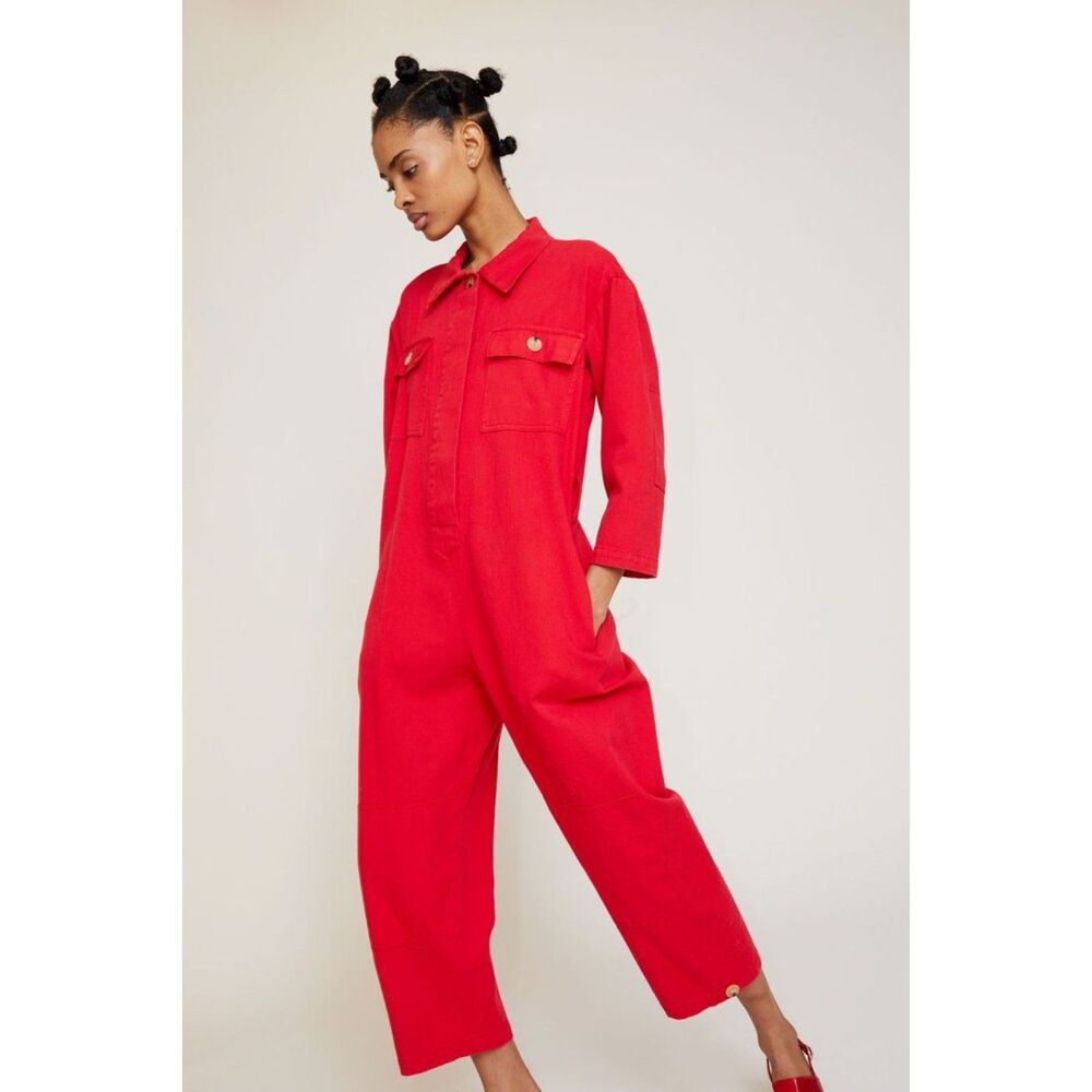 No. 6 Store Red Utility Jumpsuit SIZE 3 (LARGE) Button Denim Luxury